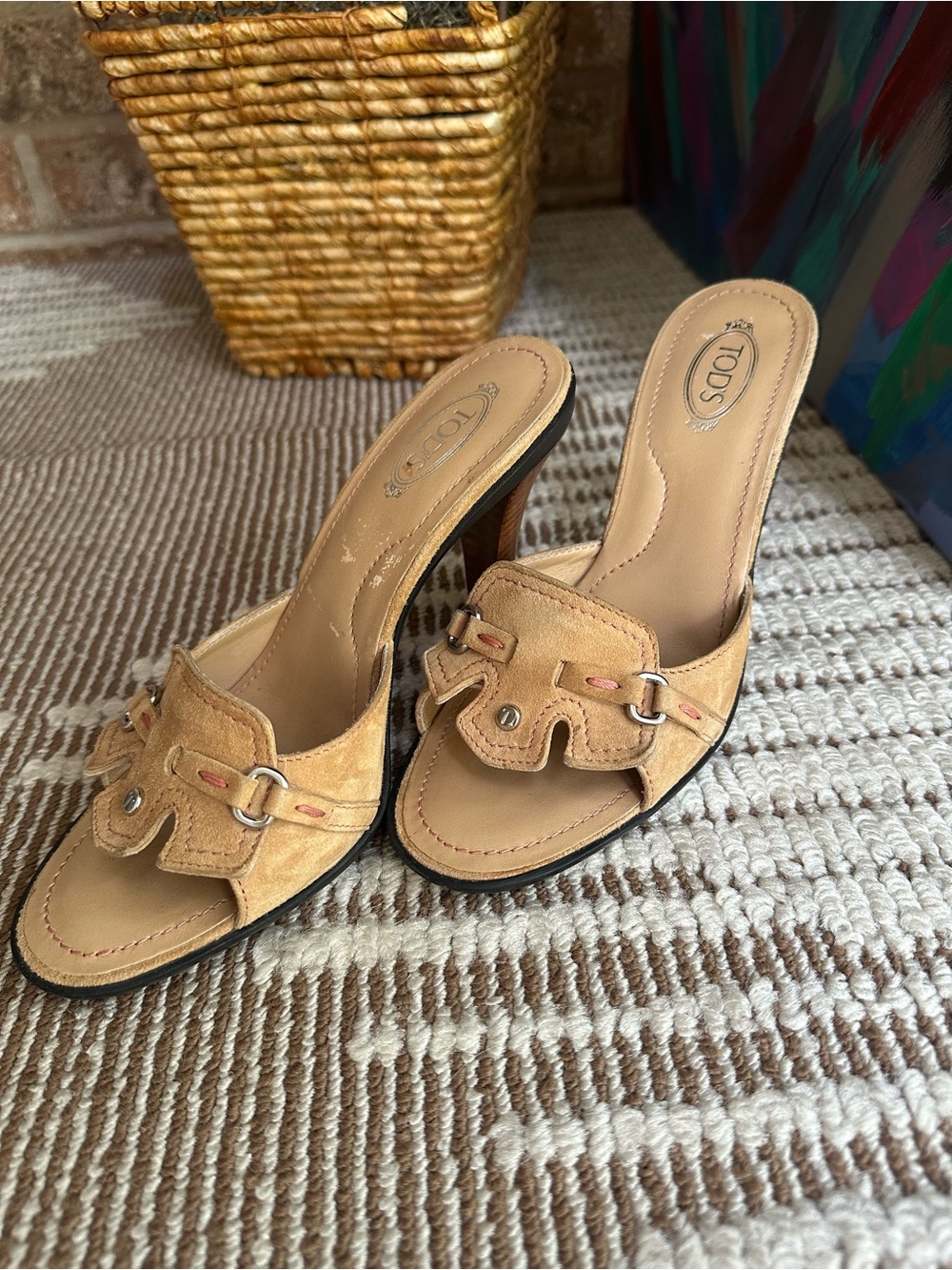 TOD'S Tan Suede Open-Toe Slide Mules